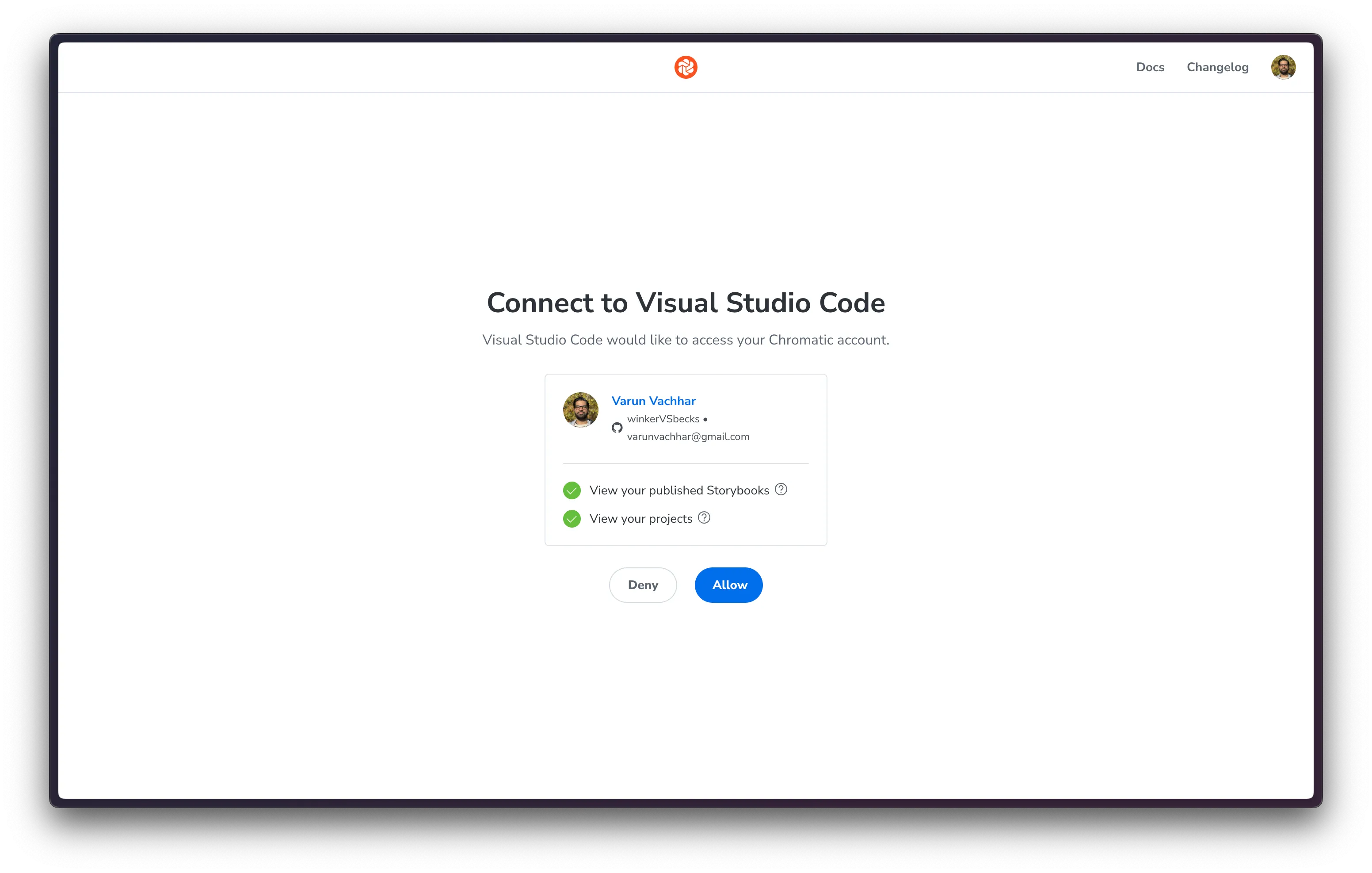 Authentication screen in Chromatic asking for permission to connect to VS Code